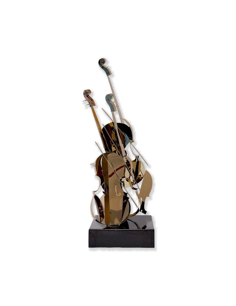 Sculpture double violons musique inox doré déco design (1) Sculpture double violons musique inox doré déco design - Oeuvre d'art déco - Décoration de salon - Décoration d'intérieure en Métal - Sculpture ornement - Maison feng shui - Cadeau déco
