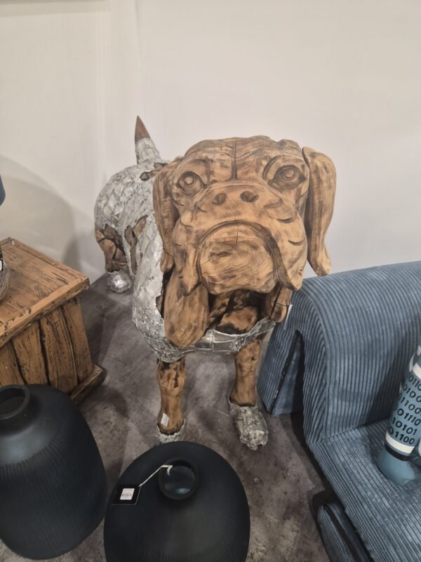 Sculpture chien Bulldog bois teck et métal design déco tendance (4)