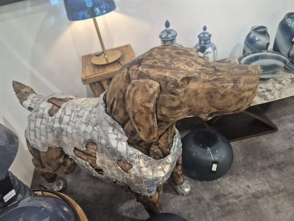Sculpture chien labrador bois teck et métal design déco (4)