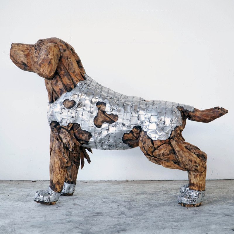 Sculpture chien labrador bois teck et métal design déco (5) Sculpture chien labrador bois teck et métal design déco (5)